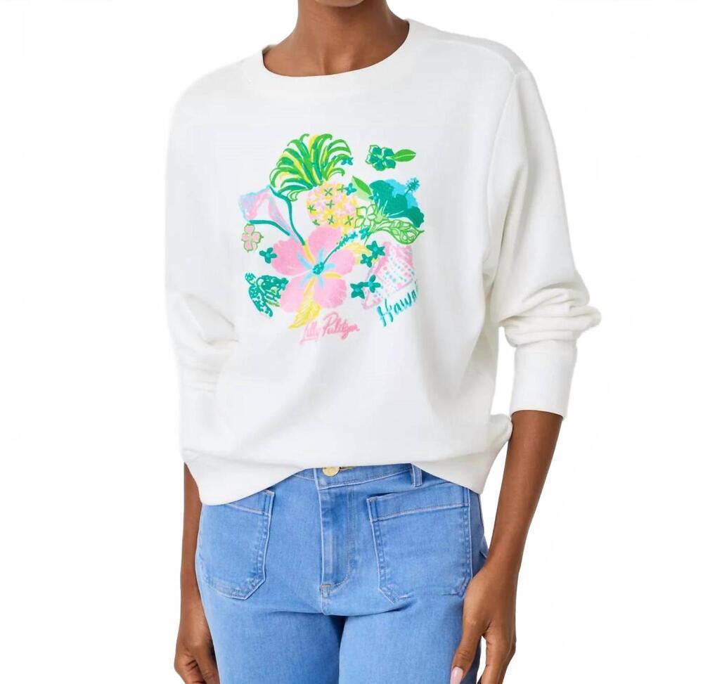 NEW LILLY PULITZER ballad cotton sweatshirt in resort white hawaii destination g